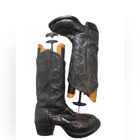 Tony Lama Cowboy Boots 8.5 Mens Black Ostrich Leather Narrow Round Toe